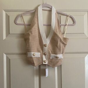 NWT EVENUEL Beige & White Cropped Button Vest, Size L